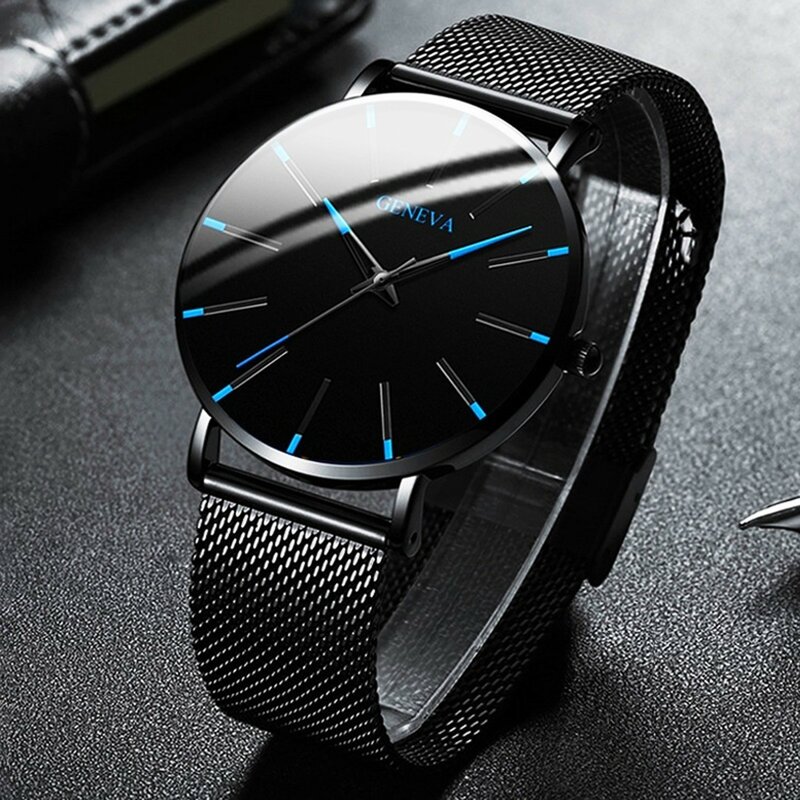2022 남성용 미니멀리스트 시계, 초박형 블루 스테인레스 스틸 메쉬 벨트 시계, 비즈니스 캐주얼 쿼츠 손목 시계