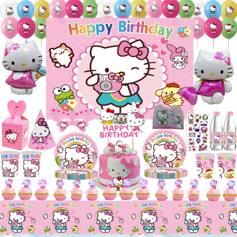 Hello Kitty Dekoracja urodzinowa Kot kreskówkowy Jednorazowa zastawa stołowa Obrus Kubek Talerz Balony Dziewczynki sprzyja zaopatrzenie firm