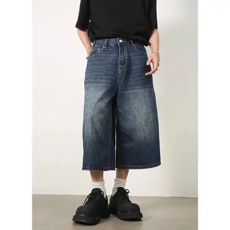 Women Y2k Style Baggy Denim Shorts Wide Leg Short Pants Fashion High Waisted Dark Wash Knee Length Loose Unisex Jeans Casual