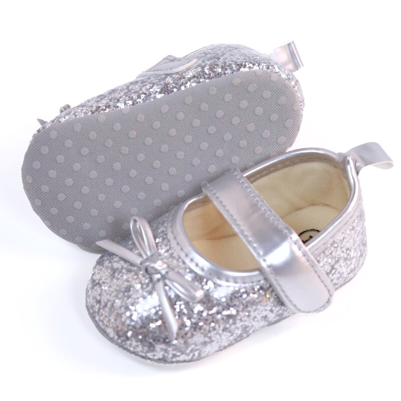 Sapatos bowknot Mary Jane com lantejoulas para bebês meninas, sapatos leves antiderrapantes macios, calçados elegantes na moda para festas internas e externas