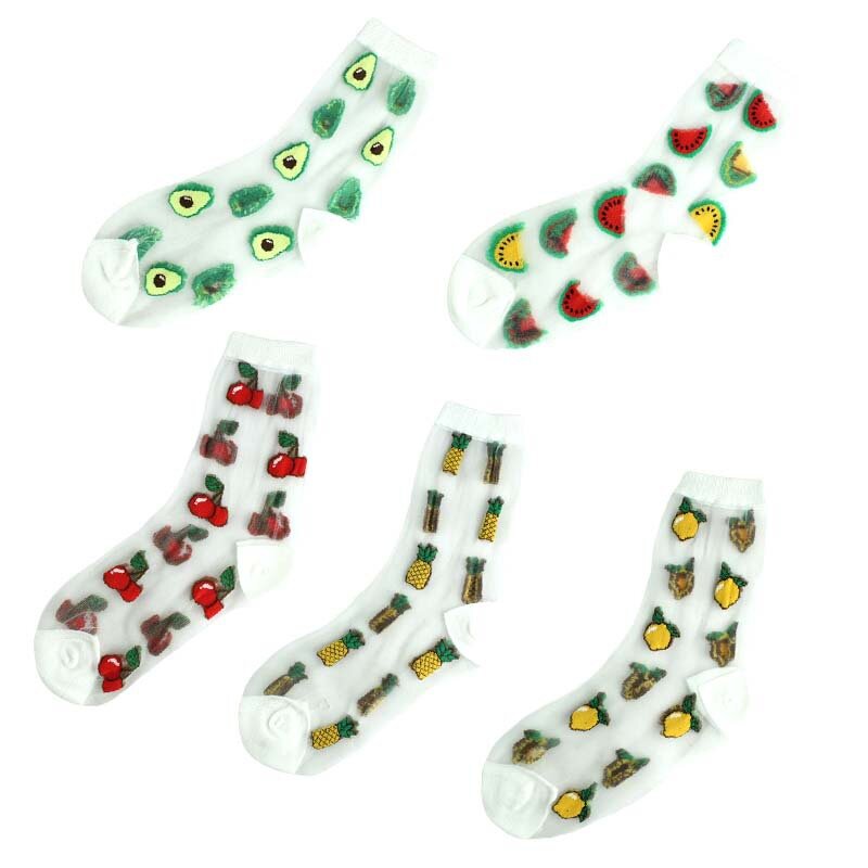 Calcetines de longitud media para mujer, parte inferior de algodón de fibra de vidrio transparente fina, calcetines de seda de cristal, calcetines de fruta de primavera y verano