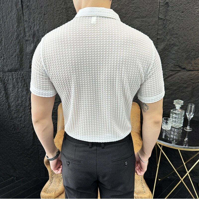 Camisas casual de manga curta masculina, slim fit, vestido de xadrez, camisa lapela, roupa de marca, novo estilo, 4XL, moda, verão