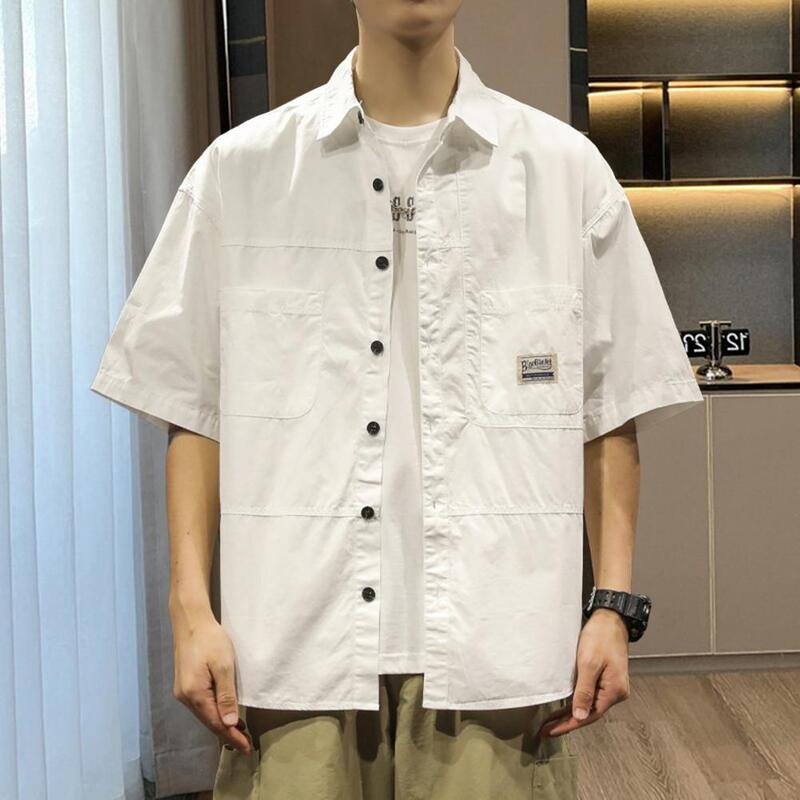 Рубашка-карго мужская с отложным воротником, однобортная свободная дышащая мягкая сорочка с нагрудным карманом и короткими рукавами, повседневная одежда