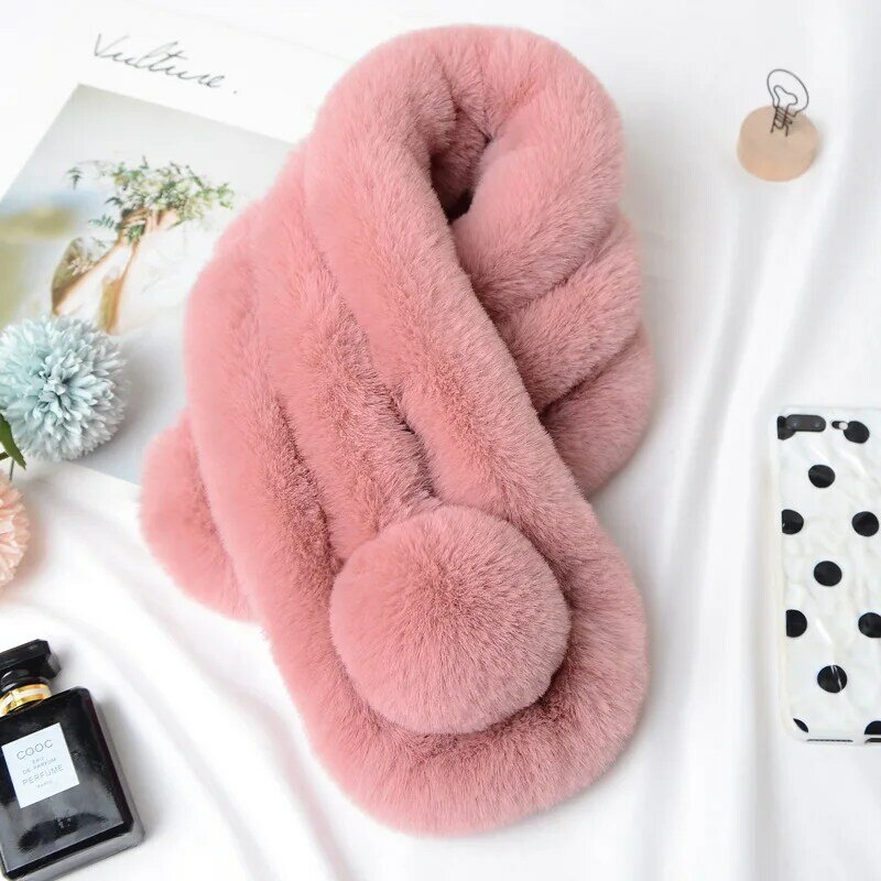 Korean Plush Faux Rabbit Fur Thick Plush Shawl Scarf for Female Winter Oudoor Windproof Solid Color Cross Neck Guard Warm Scarfs