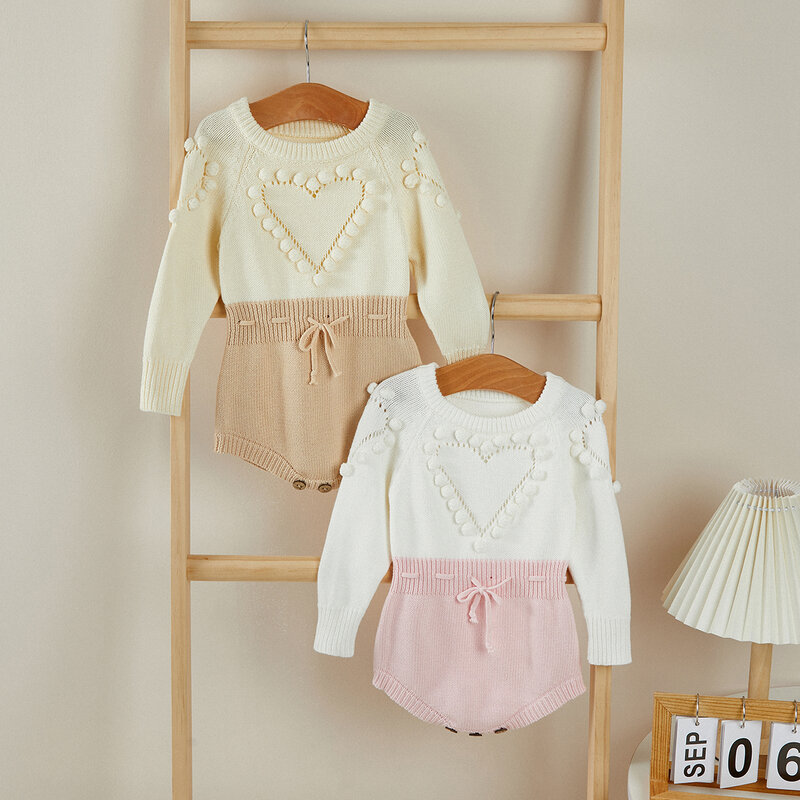 VISgogo Autumn Winter Rompers Baby Girl Clothes Kids Knitted Sweater Jumpsuits Long Sleeve O Neck Outfits for 0-24M Infant