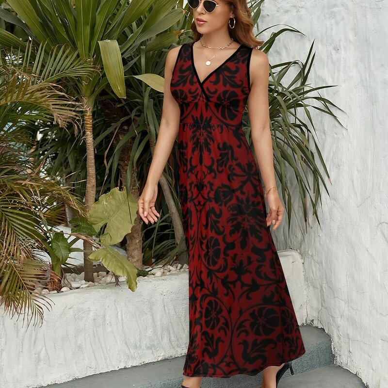 Vestido sin mangas con patrón de Damasco rojo oscuro y negro, ropa de verano, traje de verano para mujer