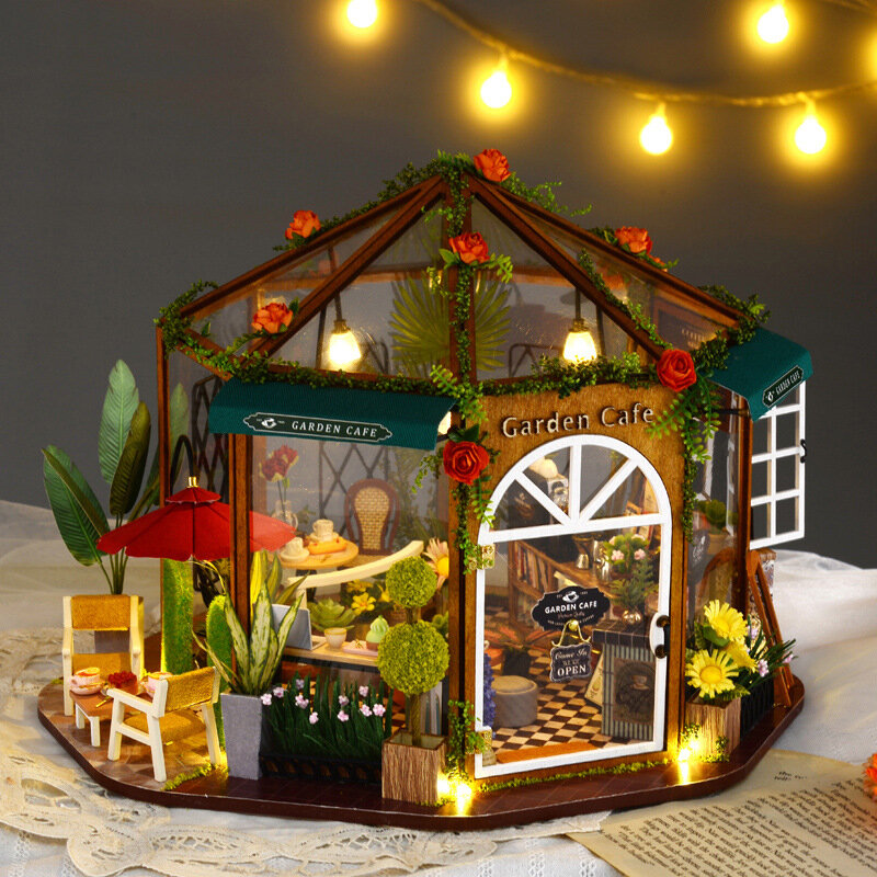 DIY木製ドールハウス、家具ライト付き、ミニチュアビルディングキット、ティーとコーヒーハウス、女の子のためのヴィラ、誕生日プレゼント