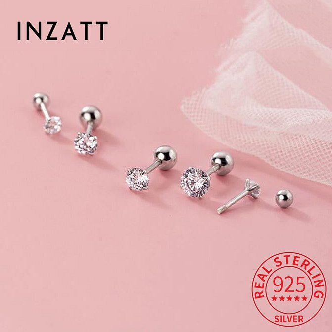INZATT Real 925 Sterling Silver Zircon CZ Round Screw Bead Screw Stud Earrings For Women Classic Fine Jewelry Accessories