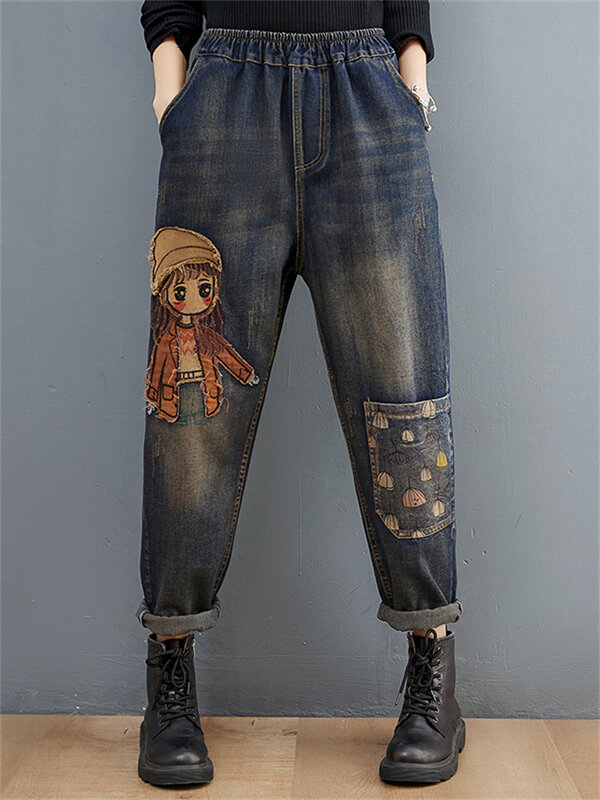 Calça jeans bordada para meninas, desenho animado, feminino, casual, com buracos, cintura alta, com bolsos, mamãe, harém, azul, 6537