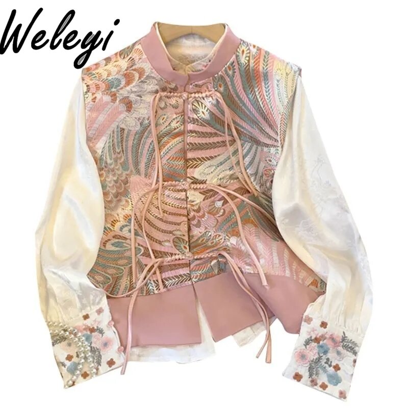 女性の長袖刺embroideredシャツ,シックなカーディガン,中国風,ユニークなシックなブラウス,新しい春と秋,2024