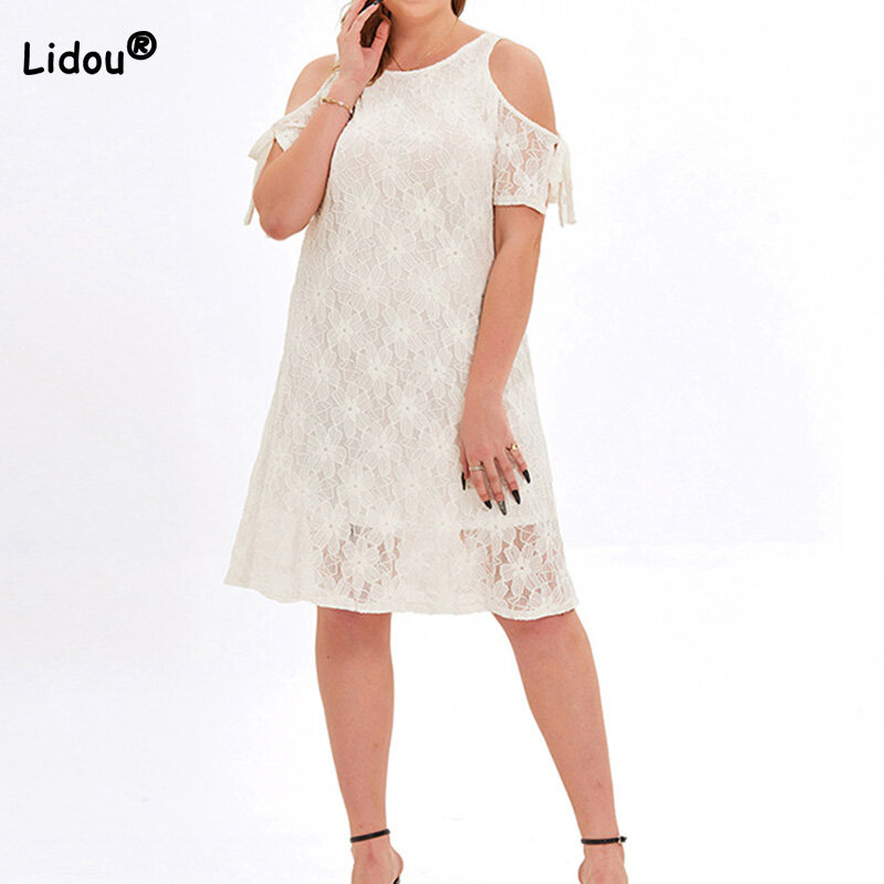 Elegant Hook Flower Hollow Off Shoulder Summer Plus Size Women O-Neck Lace 3/4 Sleeve Versatile White Loose Knee Length Dress