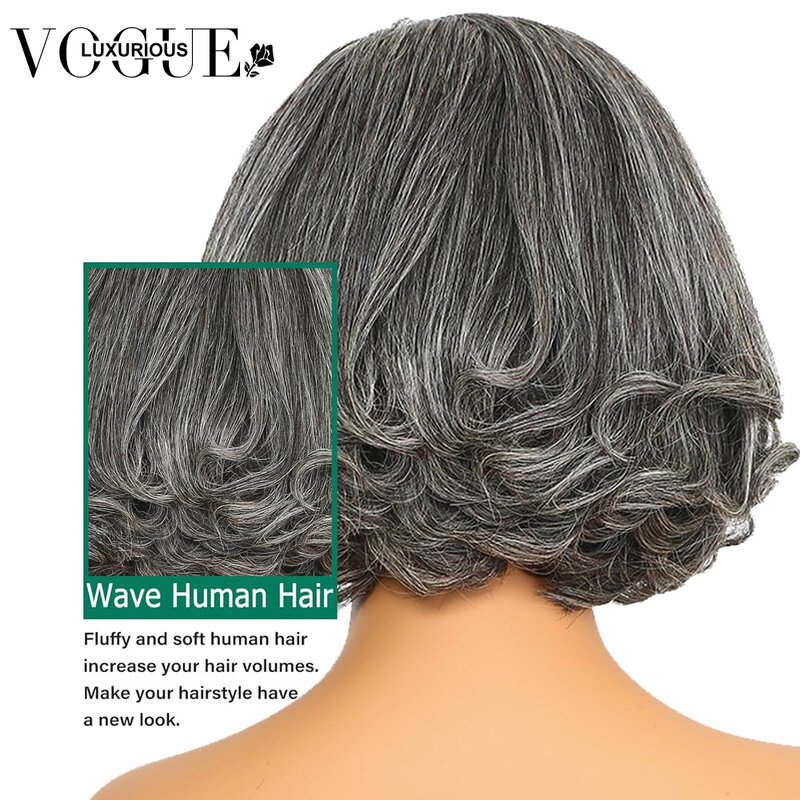 Peluca de cabello humano ondulado sin pegamento, pelo corto Bob Pixie, corte sal, pimienta, gris, predesplumada, Natural, encaje 4x4 HD, 5x5