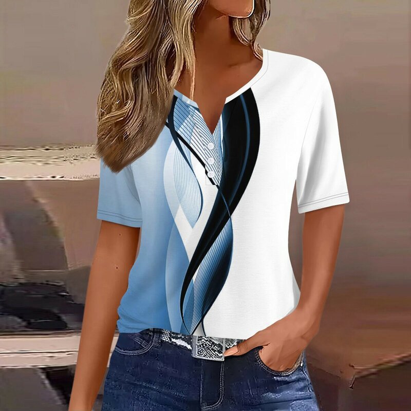 Tops informales con estampado geométrico para mujer, Camiseta holgada de manga corta con botones y cuello de pico, ropa de calle para exteriores y oficina