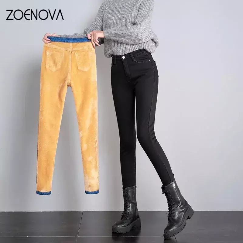 Zoenova Vrouwen Dikke Fluwelen Jeans Fleece Warm Koreaanse Mode Hoge Taille Skinny Elastische Broek Jean Casual Legging Winter 2023
