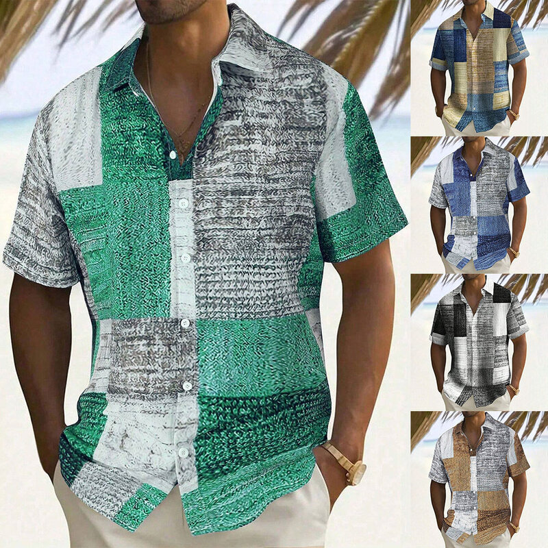 Camisa de poliéster confortável manga curta masculina, blusa de colarinho diário, vestido para festa de férias, moda confortável