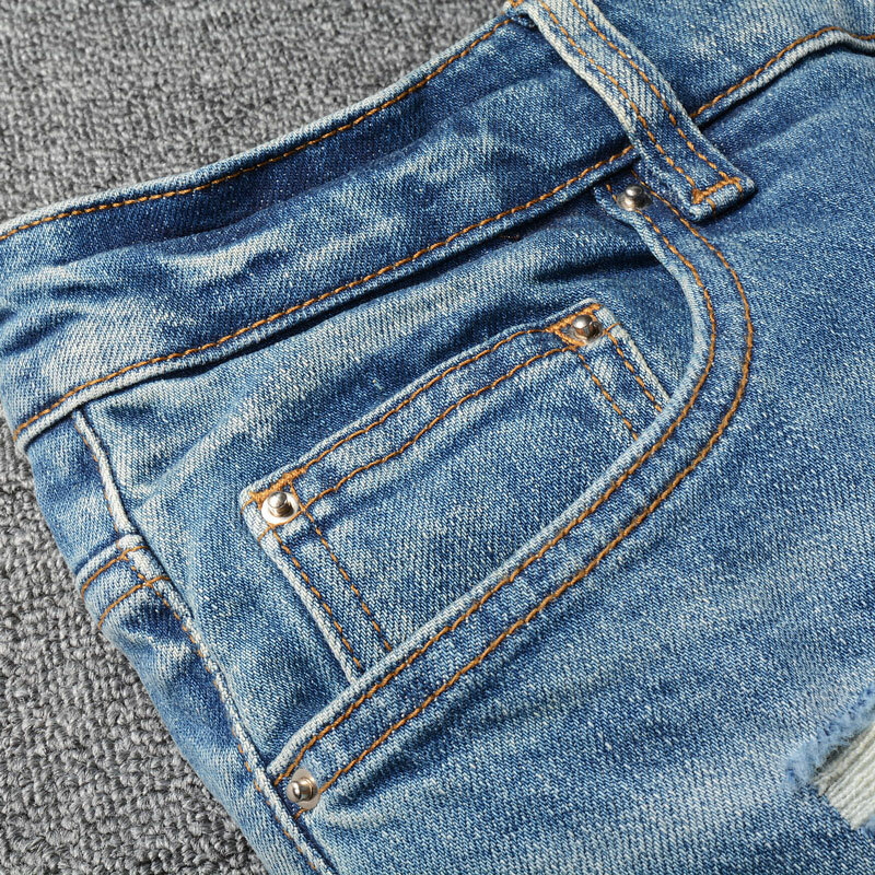 Calça jeans rasgada com ajuste magro elástico masculino, calça designer remendada, marca hip hop, azul retrô, moda de rua alta
