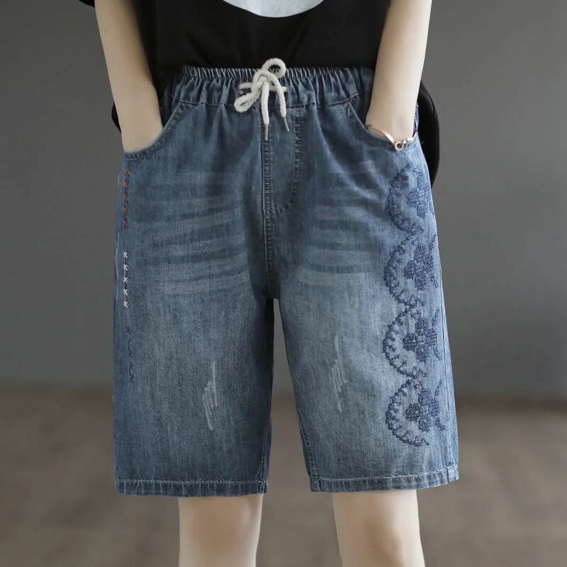 Celana panjang selutut renda wanita, Jeans pinggang elastis longgar Retro sulaman celana kaki lurus Musim Panas 2024
