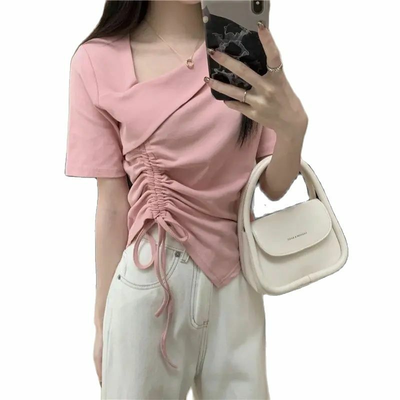Korea Chic Short Sleeved T-shirt V-neck Slimming Irregular Drawstring Design Crop Tops Women's Summer Korean Elegant Asymmetric