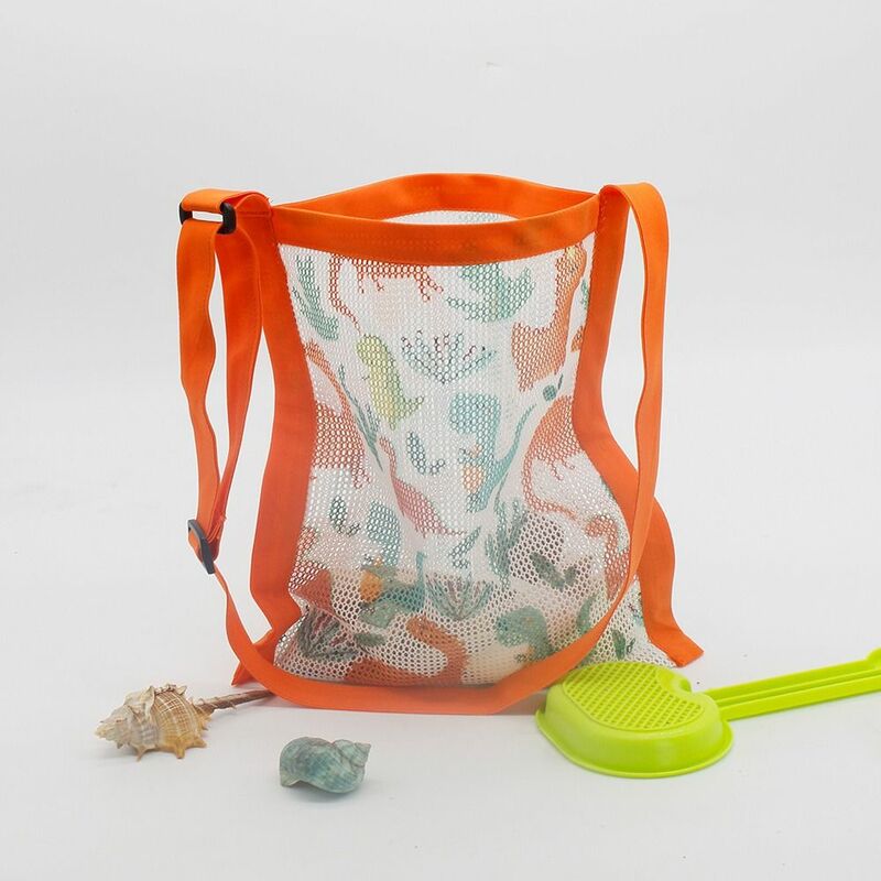 Bolsa de malla con patrón de dibujos animados para niñas, bolsa de red de mensajero de juguete de arena Multicolor creativa, bolsillo de concha marina de playa de viaje lindo