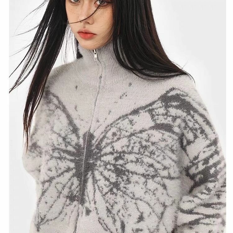 Neue amerikanische Retro Schmetterling gestrickte Strickjacke Pullover Reiß verschluss Modemarke faul lässig lose ins Pullover Paar Mantel Mujer