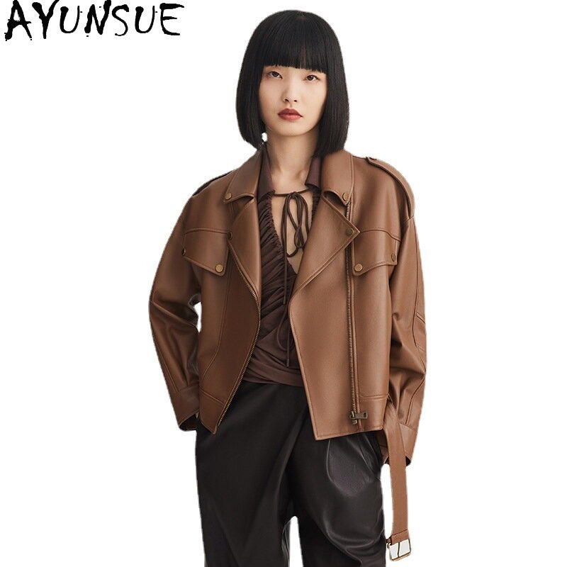 Ayunsue-本革のジャケット2023,女性用,短い本革のシープスキンジャケット,ルーズフィット,バイカーストリートウェア,新しいファッション,
