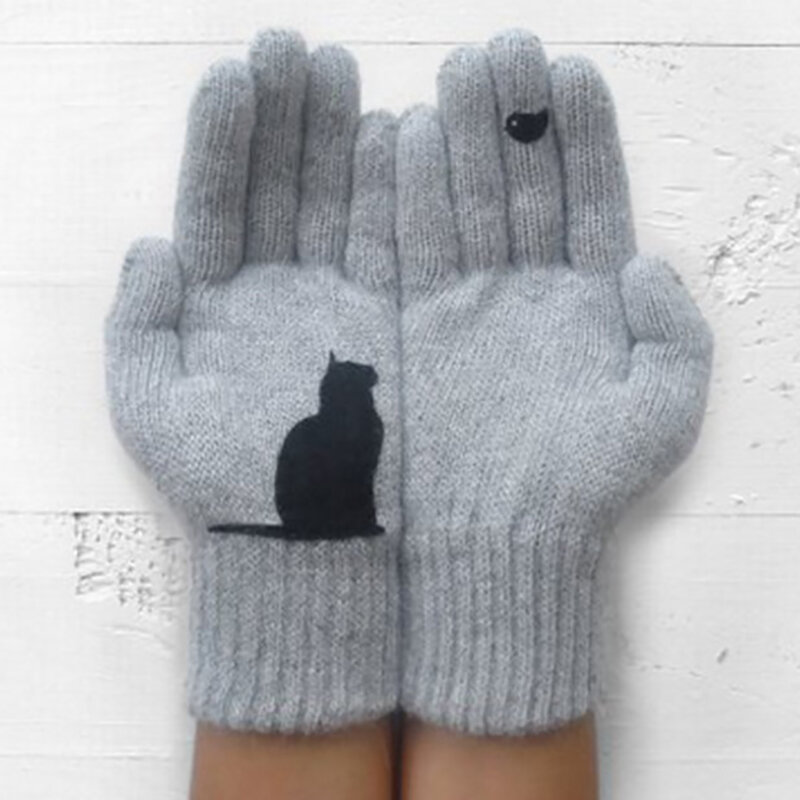 ถุงมือกันหนาวพิมพ์ลายแมวและนกน่ารัก, ถุงมือถักด้วยความร้อนสำหรับผู้ชายผู้หญิงวัยรุ่นถุงมือให้ความอบอุ่นในฤดูหนาว