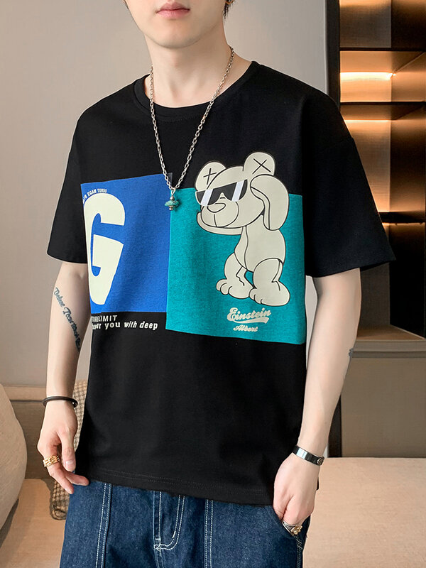 Camiseta de hip-hop masculina vítrea, blusa estampada com urso, streetwear casual com decote em O, camiseta básica, moda verão