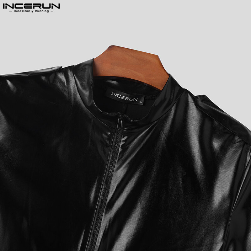 INCERUN-أحادية اللون بو الجلود سستة السروال القصير للرجال ، طويلة الأكمام ، الوقوف طوق ، ملابس داخلية غير رسمية ، مثير بلايسوت ، S-5XL ، 2023