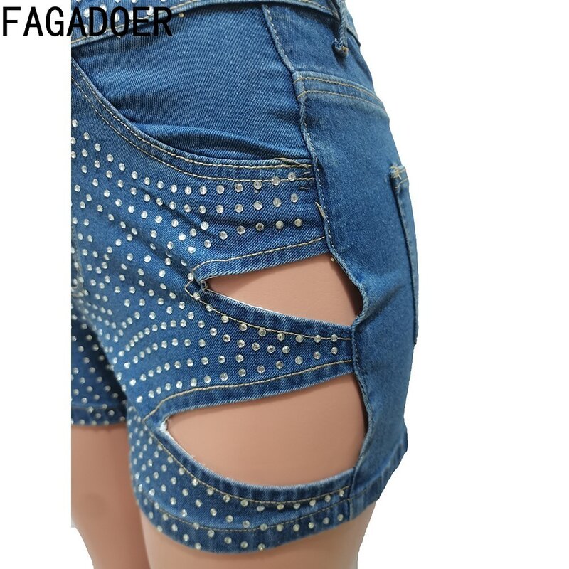 FAGADOER lato nowe Rhinestone dziurki z wycięciami dżinsowe szorty damskie z wysokim stanem kieszeń na guzik moda moda kowbojska moda uliczna
