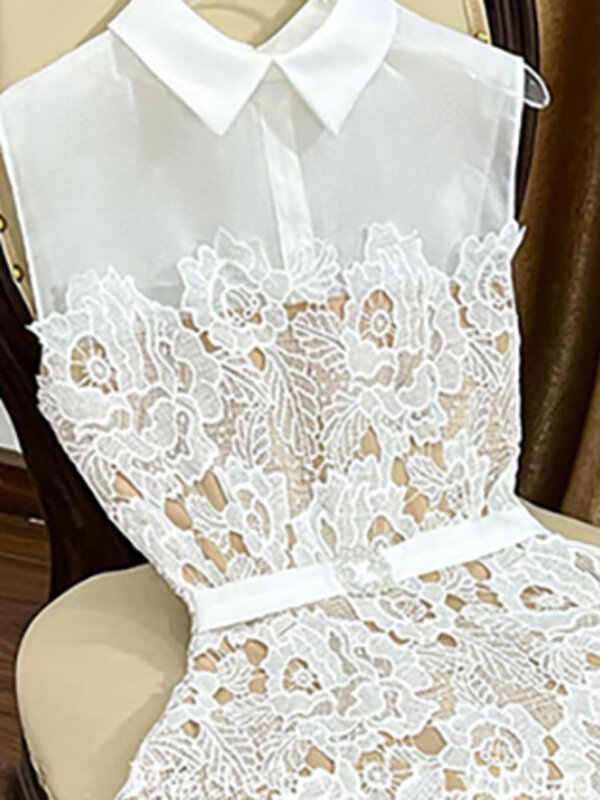 Женское Полупрозрачное платье с поясом DEAT, элегантное кружевное платье с отложным воротником без рукавов, модель 13DB2798 на лето, 2024
