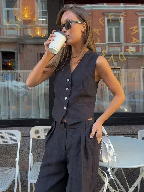 Chic Womem gilet e pantaloni in cotone di lino completo in due pezzi Office Ladies Summer Casual Set da 2 pezzi completi da donna Streetwear