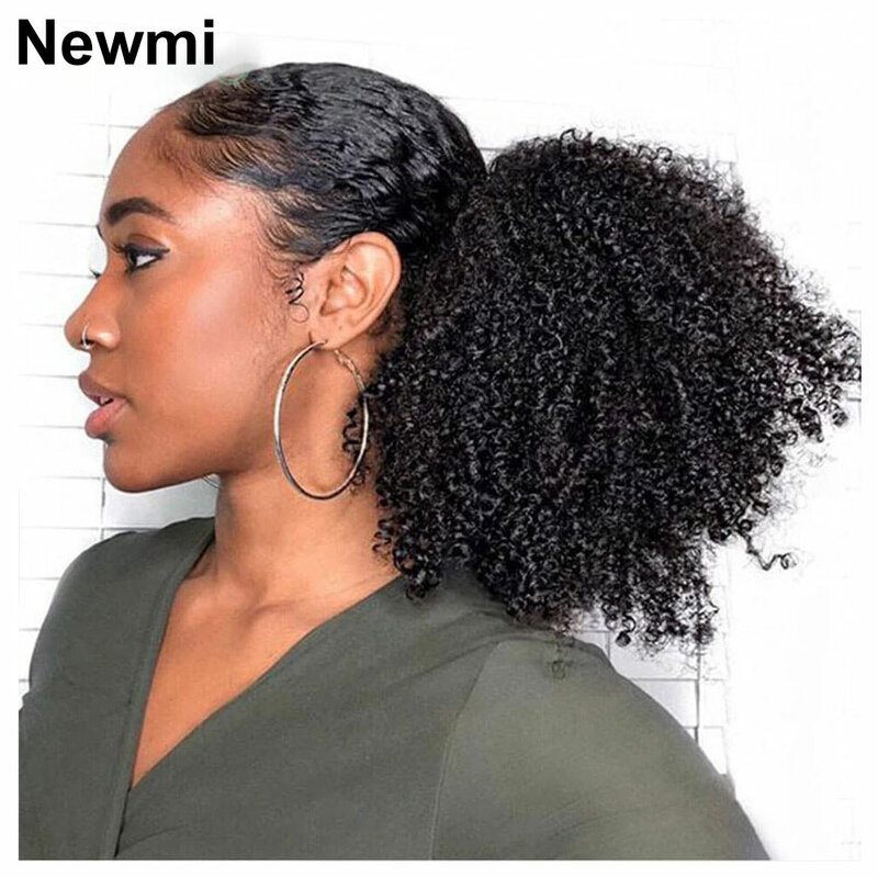 Extensiones de cola de caballo rizadas Afro para mujeres negras, cabello humano rizado 3c 4A, coletas con cordón, postizos naturales