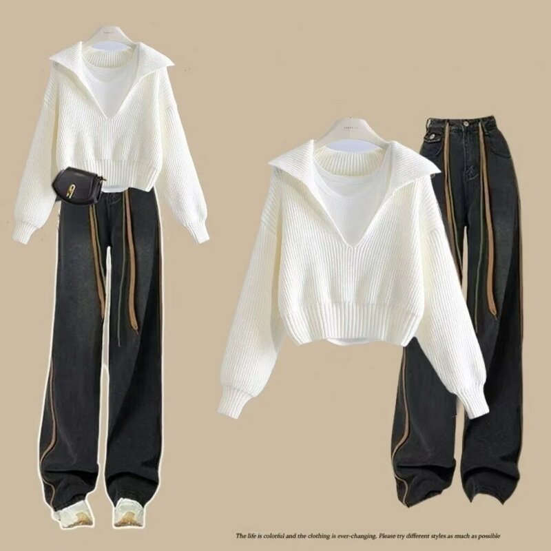 Wiosenny i jesienny zestaw damski 2023 nowa koreańska wersja leniwy styl wydłużony sweter dżinsów ze sznurkiem wiek zmniejszający trzyczęściowy zestaw