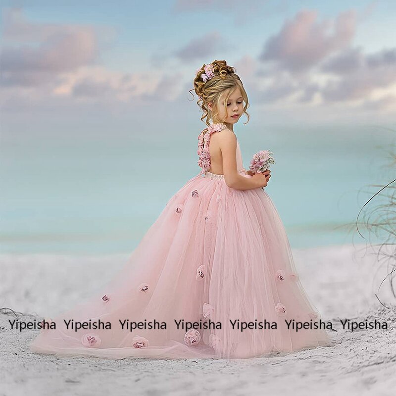 Vestidos de niña de flores para boda, vestido de fiesta de verano con tirantes finos, sin mangas, de tul suave, color rosa, 2022