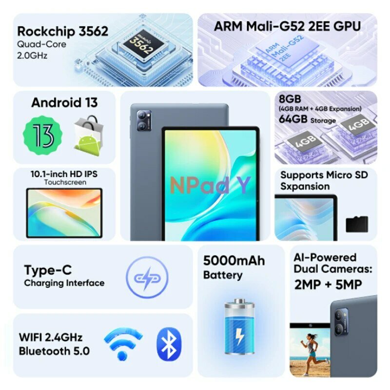 N-ONE npad y1 android13 8(4 + 4) gb 64gb 10.1 ''1280*800 ips Bildschirm 4-Kerne unisoc rk3562 wifi tablet