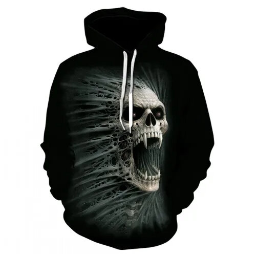 Men's and women's fashion horror casual autumn skull 3D printing hooded long sleeved pullover sportswear