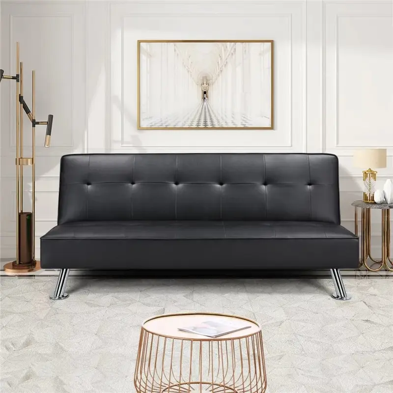 Sofá de futón plegable moderno, cama Convertible de piel sintética negra para sala de estar