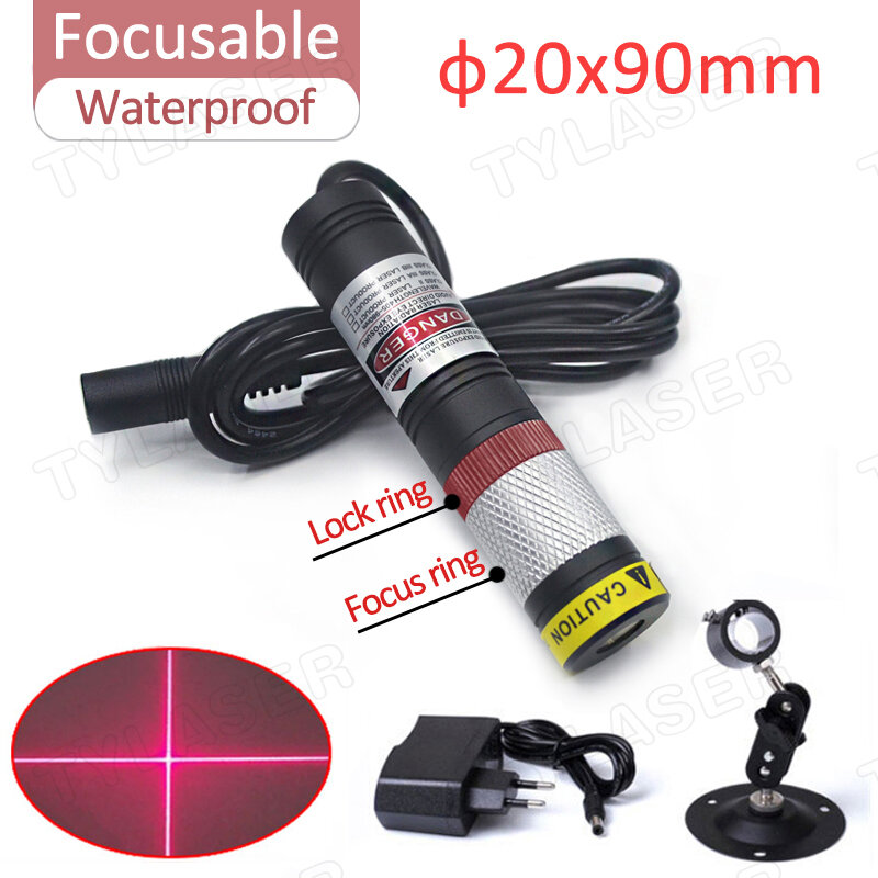 Waterproof Glass D20X90mm Focusable 660nm Direct Red Cross Line Laser 10mW 30mW 50mW 100mW Laser Module for Cutting Positioning