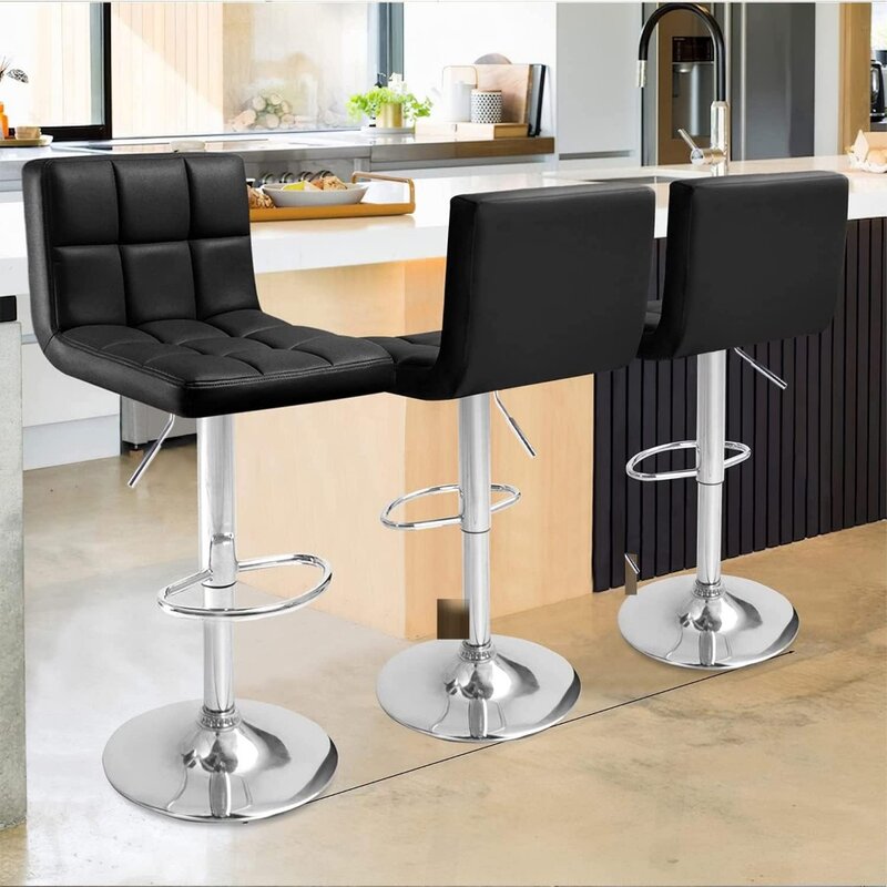 Bar Stools Modern Square Counter Height Barstool 22" to 33" PU Leather Swivel Adjustable Stool with Back Set of