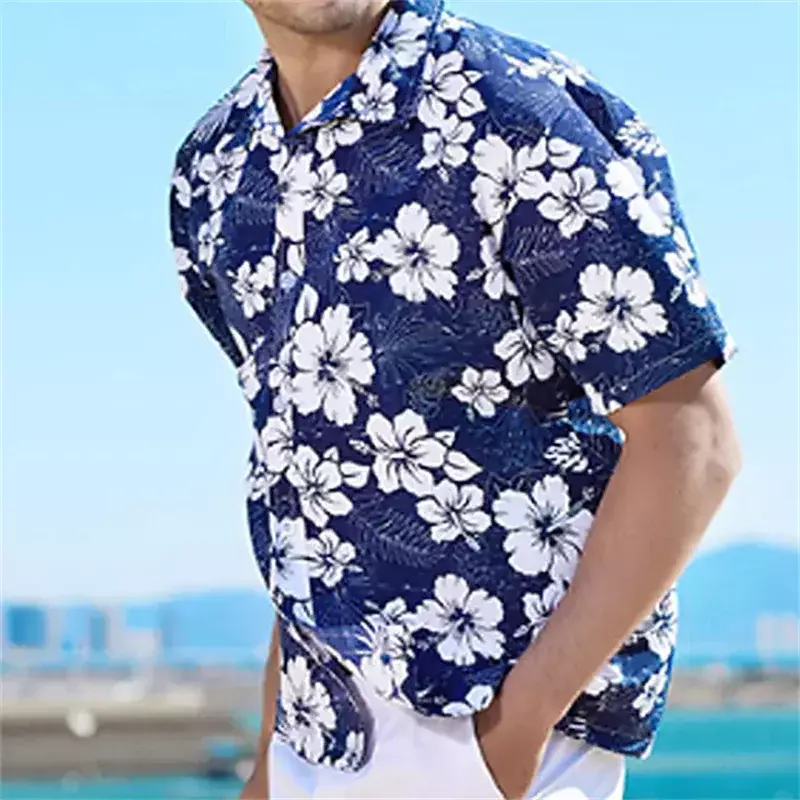 남성용 느슨한 통기성 3D 프린팅 셔츠, 하와이안 셔츠, 단추 여름 해변 셔츠, 블루 및 화이트 반팔, 오버사이즈 5XL, 2023