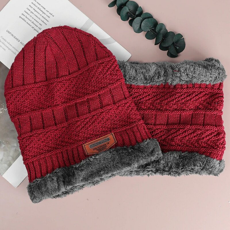 Winter Warm Knit Hat Scarf Set Men Velvet Coral Fleece Mask Cap Scarves Outdoor Thicken Plus Neck Cover Protect Skullies Beanies