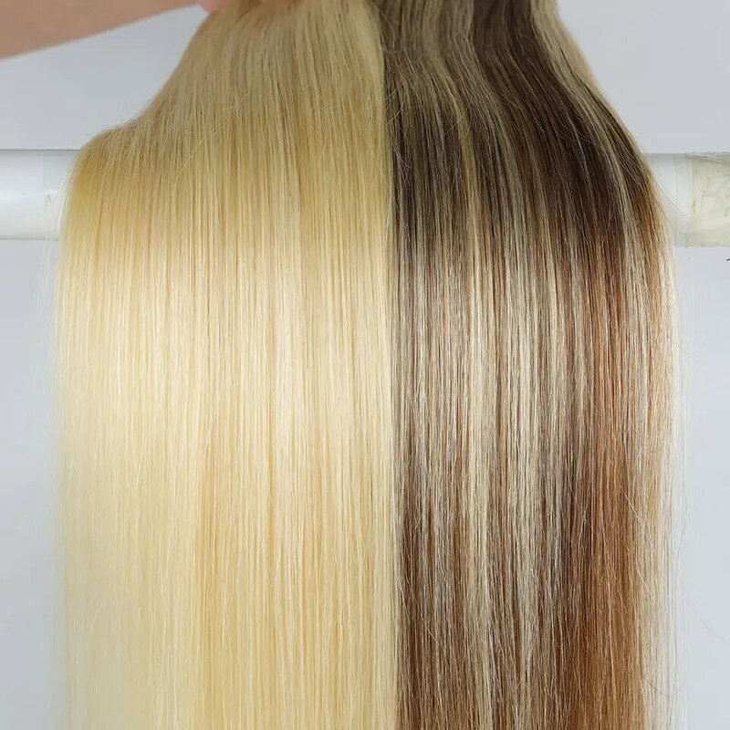 Real Beauty-extensiones de cabello Remy, mechones de pelo liso brasileño de 18 "-26", color rubio platino, Marrón #4, Rubio # P6/613