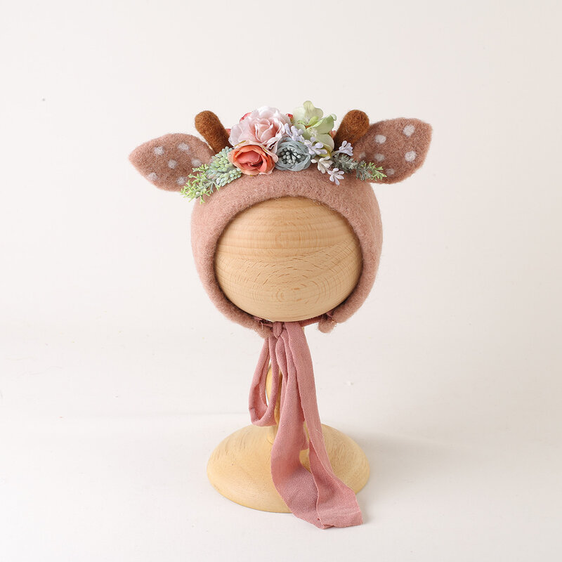 Vintage Newborn Wool Felt Deer Bonnet Cute Cartoon Simulation Flower Hat Newborn Photography Props Soft Animal Hat Photo Shoot