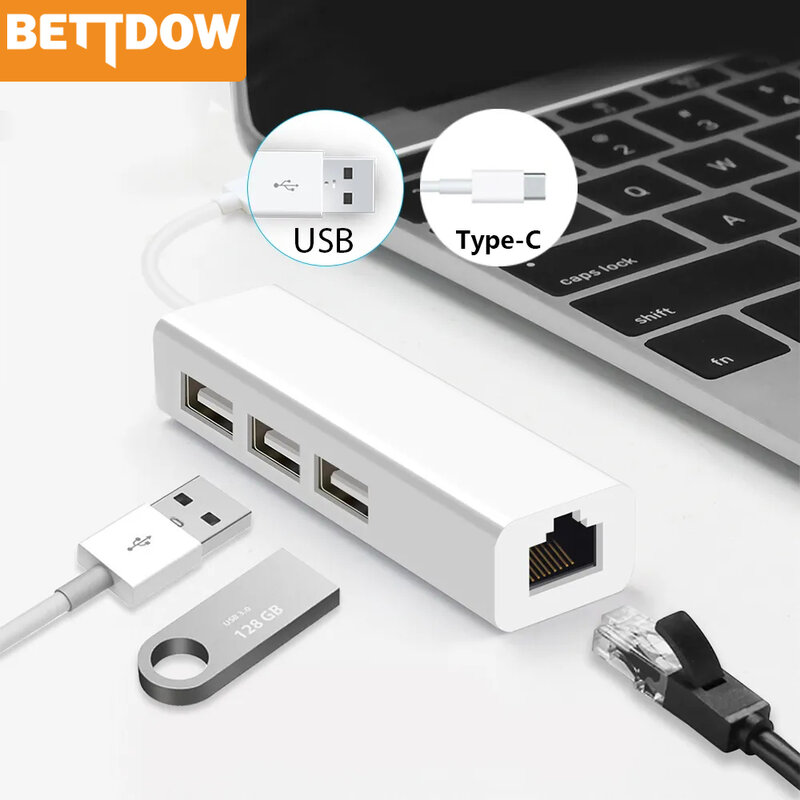 USB Ethernet dengan 3 Port USB HUB 2.0 RJ45 Kartu Jaringan Lan USB Ke Adaptor Ethernet untuk Mac IOS Android PC RTL8152 USB 2.0 HUB