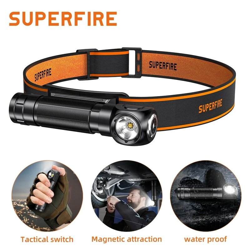 SUPERFIRE-TH04 Super Bright Head Lanterna, USB-C farol recarregável, luz de trabalho com ímã cauda tocha, lanterna de acampamento, 18650