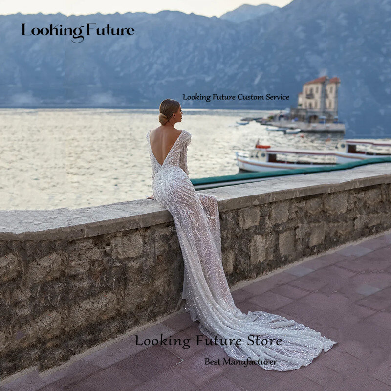 Luksusowa suknia ślubna syrenka z dekoltem w serek błyszczące cekinowe aplikacje plisy długie rękawy seksowne bez pleców wysoki rozcięcie z boku proste westido 2024