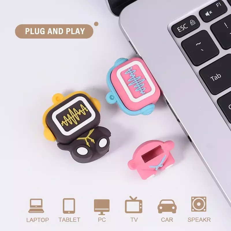 JASTER-Cartoon Doll USB Flash Drive, Pen Drive à prova d'água, Memory Stick, Real Capacity U Disk, Rosa, Música, Cérebro, 32GB, 64GB, 128GB, 16GB