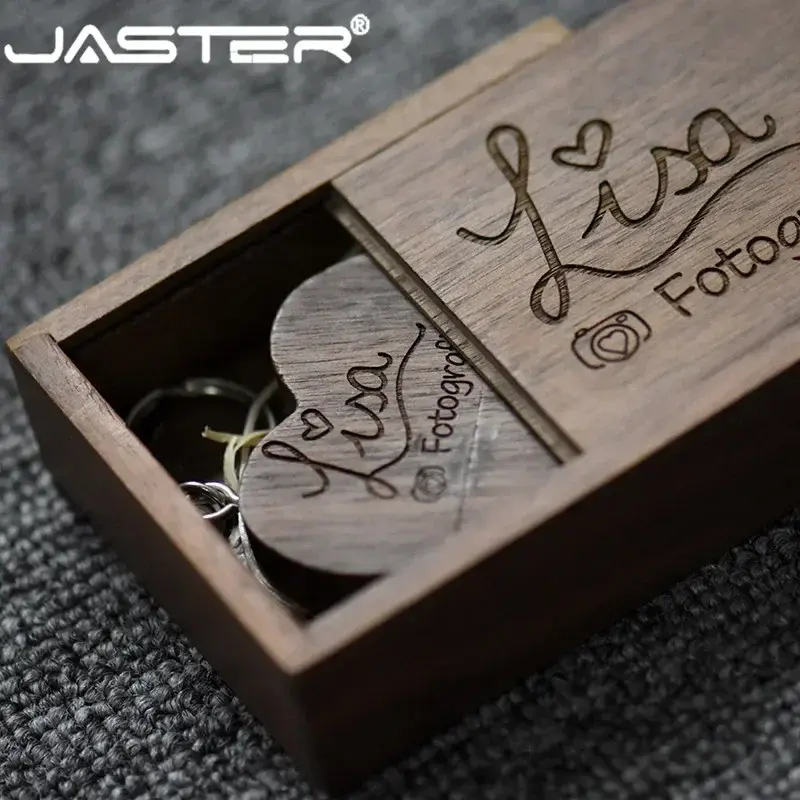 JASTER-Free Custom Logo USB Flash Drive, Coração De Madeira De Noz, Pendrive Criativo, Memory Stick, U Disk, Caixa de Presente, 8GB, 16GB, 32GB, 64GB