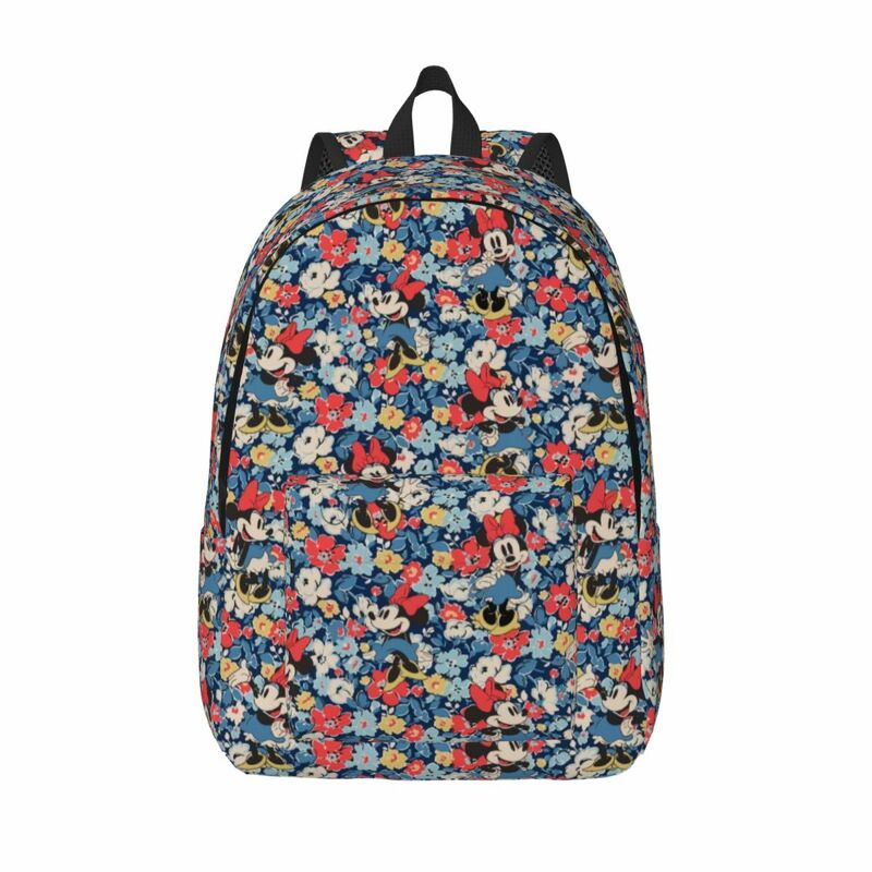Tas punggung kanvas kartun Motif bunga Mickey Mouse kustom untuk anak perempuan anak laki-laki tas perjalanan kuliah Pria Wanita tas buku Laptop 15 inci