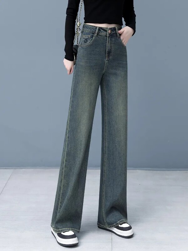Jeans reto de cintura alta para mulheres, calças jeans soltas para senhoras, roupas de rua vintage, calças largas, 2024